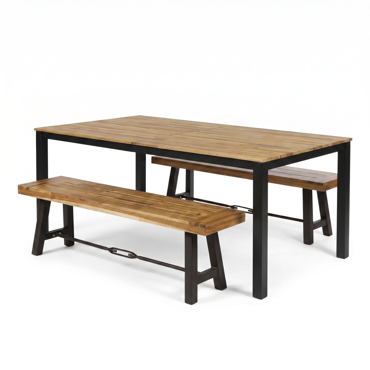 Outdoor Acacia Wood Dining Set with 71" Table & 2 Benches - Black/Teak