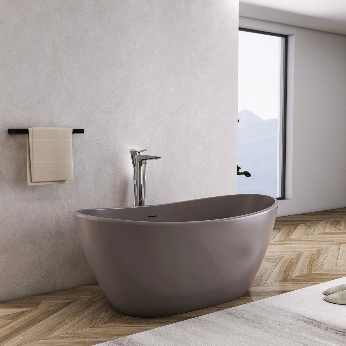 61 Inch Freestanding Solid Surface Soaking Bathtub with Matte Finish - Cream
