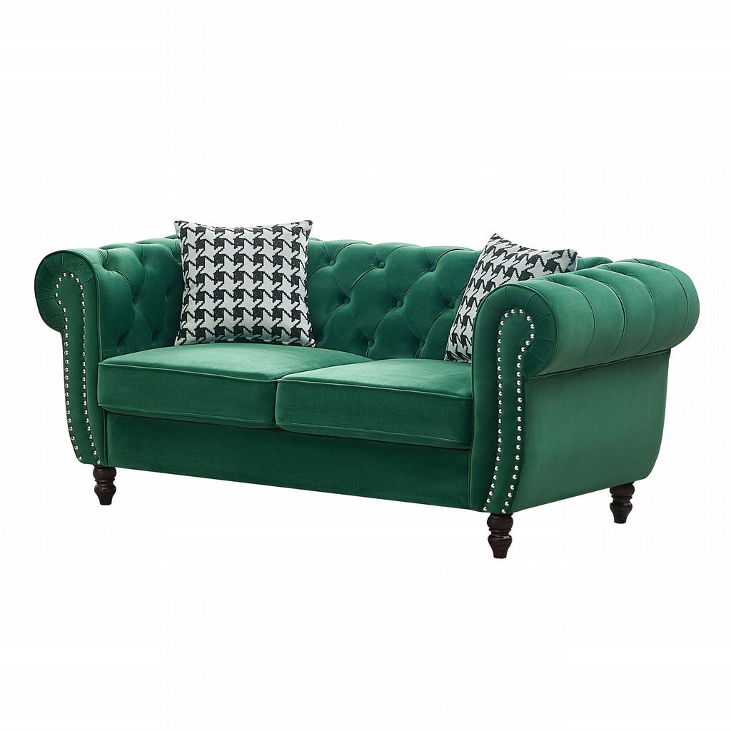 Chesterfield Fabric Loveseat with Nailhead Accents - Dark Green