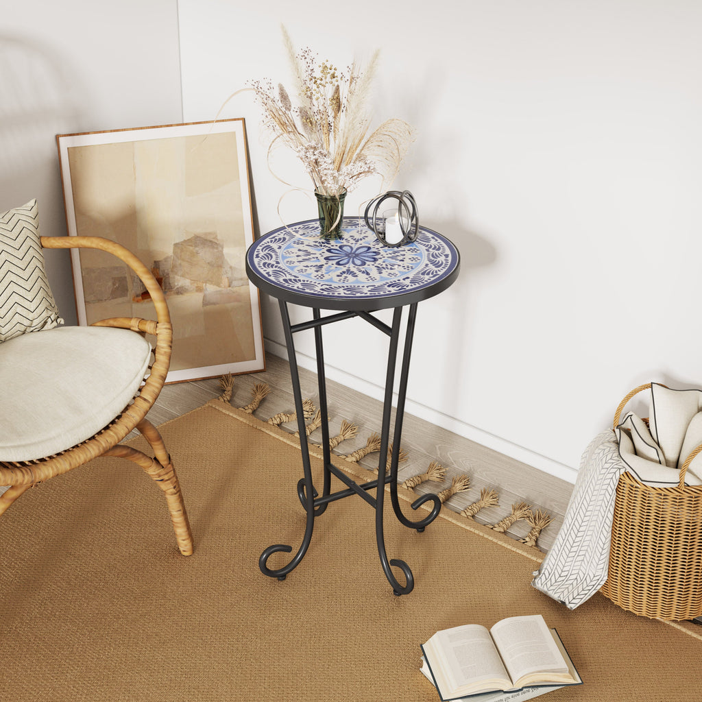 Blue Ceramic Tile Patio Side Table with Black Iron Frame - Outdoor