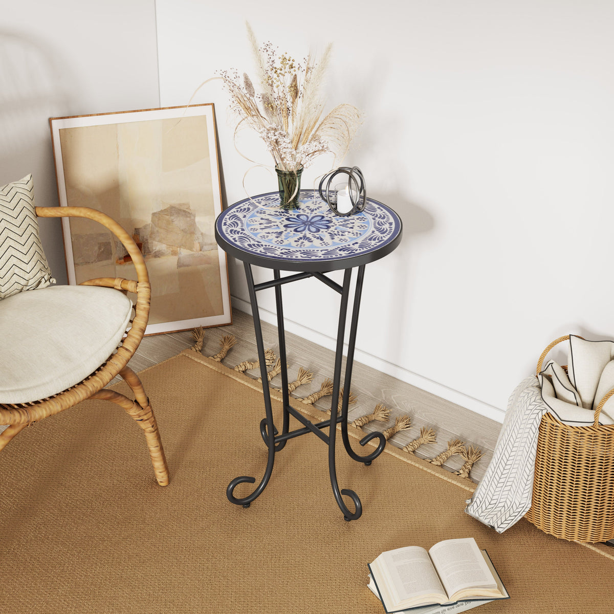 Blue Ceramic Tile Patio Side Table with Black Iron Frame - Outdoor