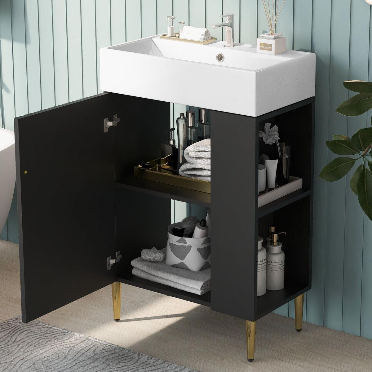 Bathroom Vanity with Single Ceramic Sink and Side Storage - Multiple Colors