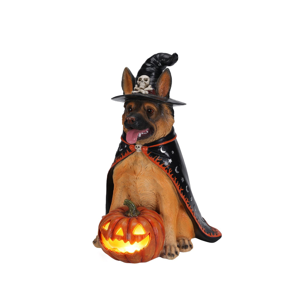Halloween German Shepherd Dog Statue with LED Pumpkin - Resin