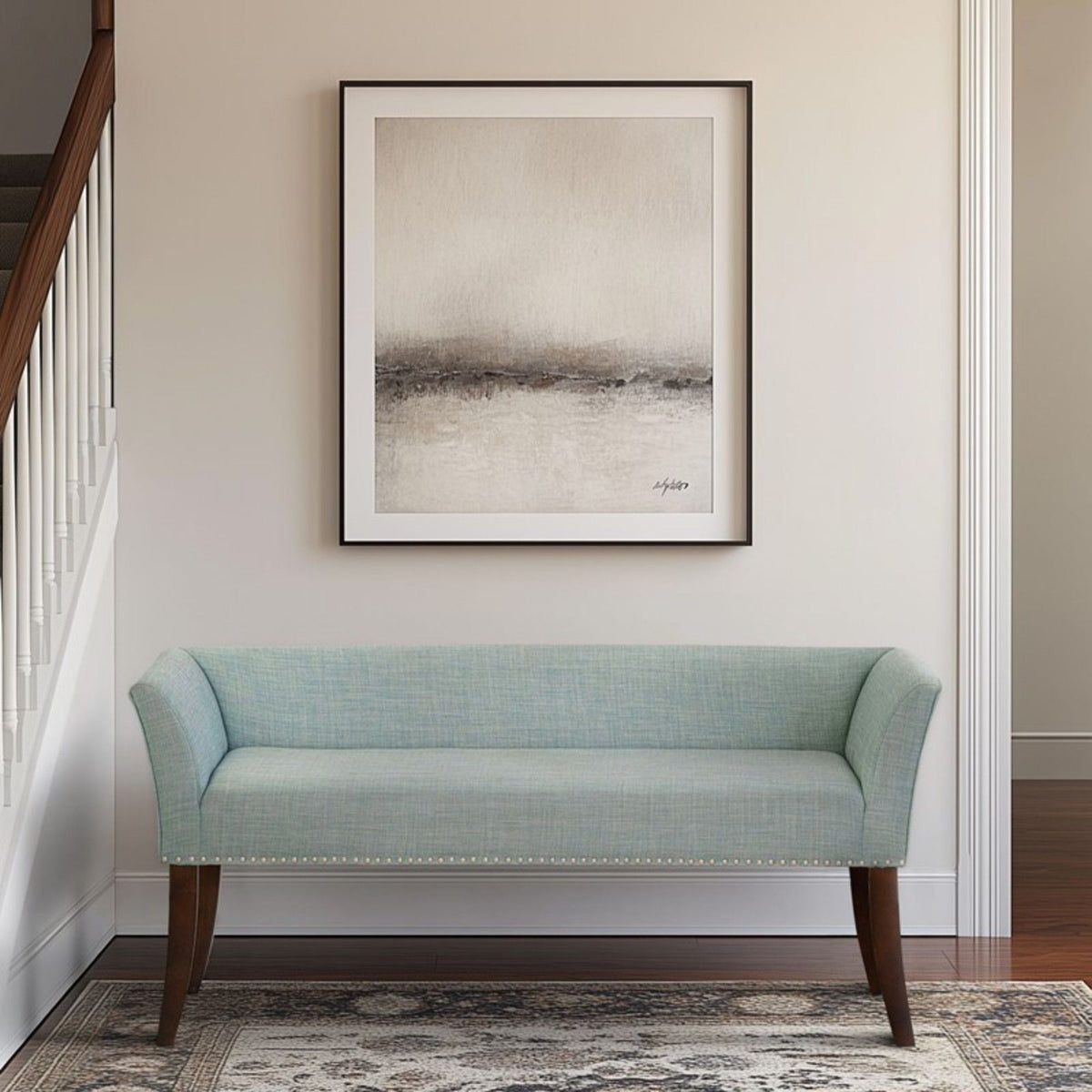 Welburn Upholstered Bench with Low Back and Flared Arms - Blue, Light Blue, or Beige