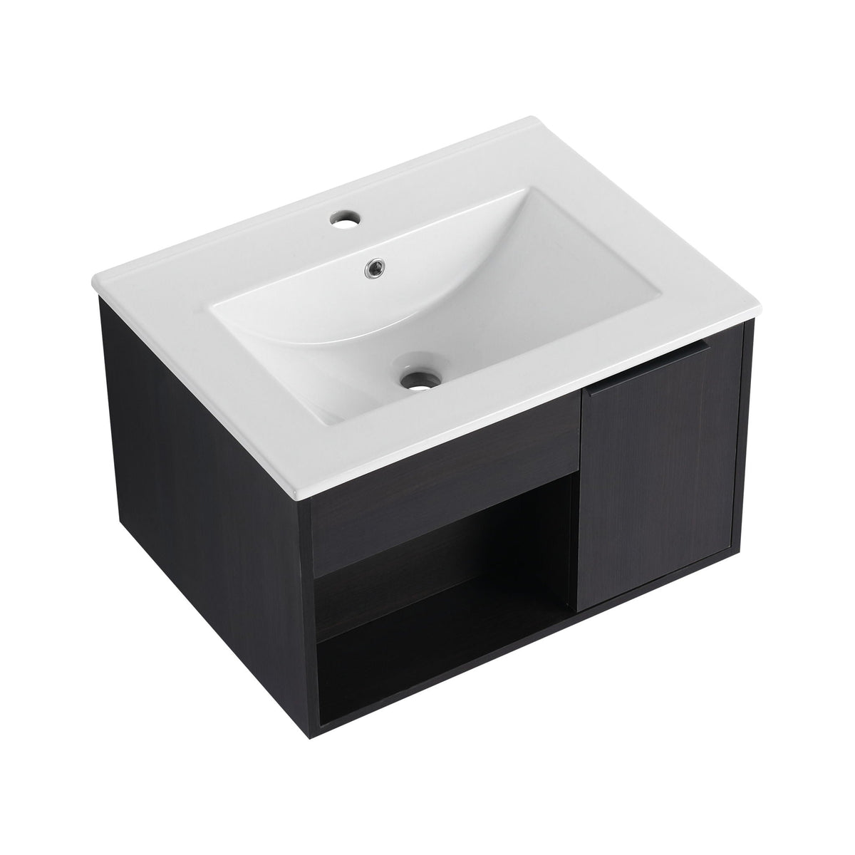 Wall Mounted Floating Bathroom Vanity with Open Shelf & Soft Close Door - Dark Brown