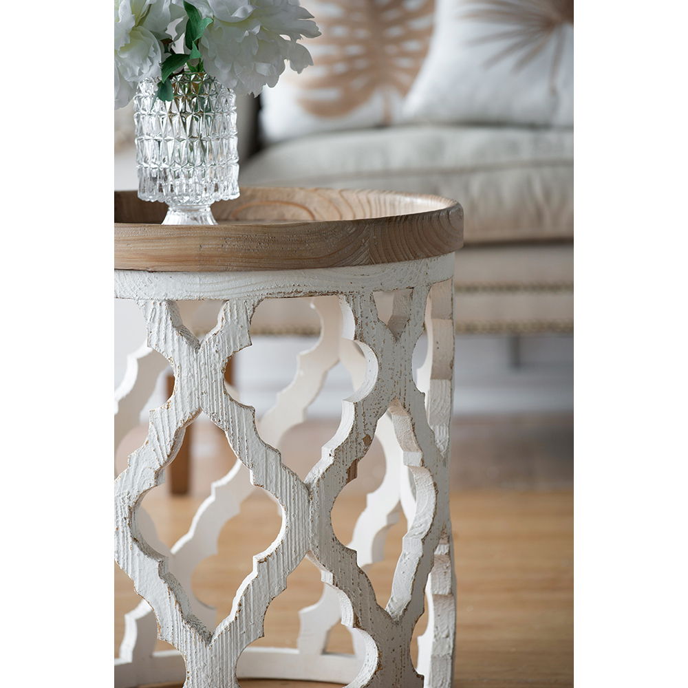 Rustic Round Wooden Side Table with Lattice Detail - Light Brown