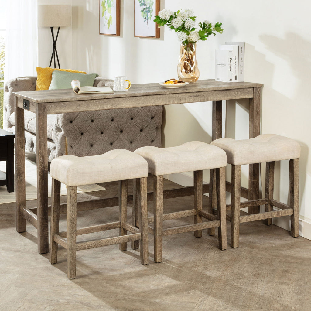 4 Piece Bar Table Set with Power Outlet and 3 Padded Stools - Light Brown or Dark Gray