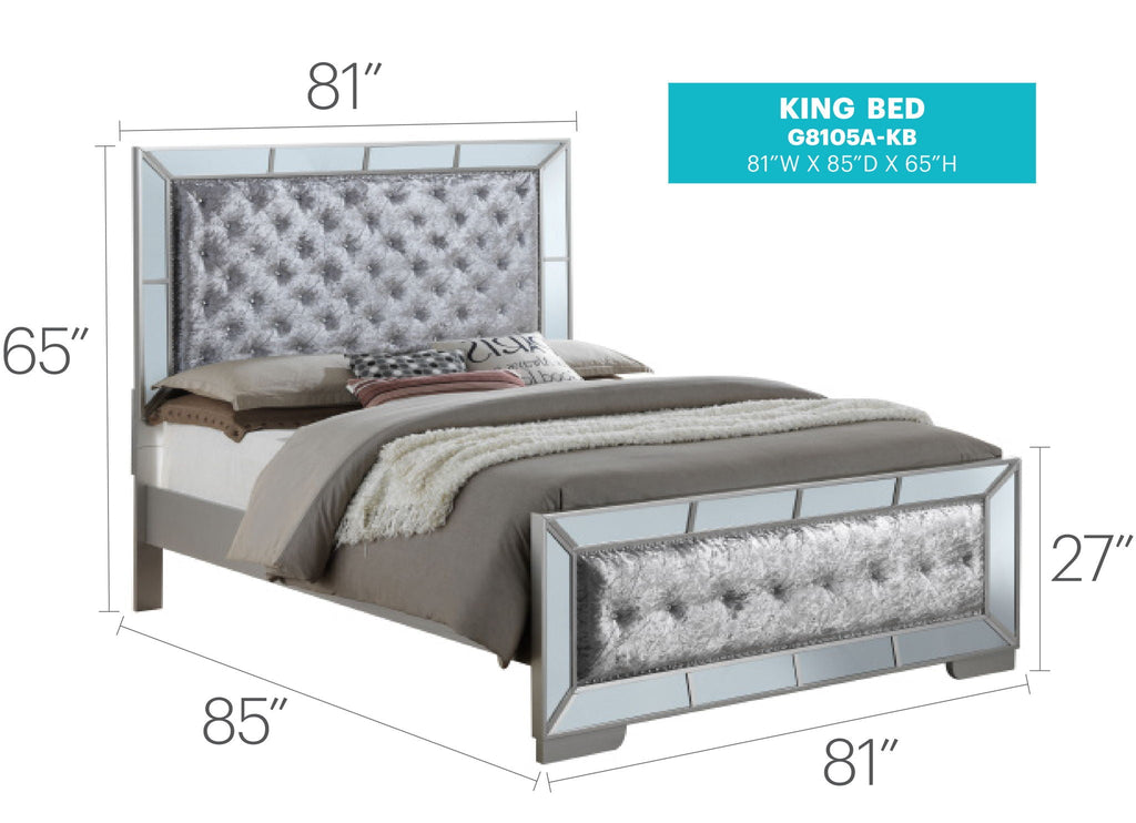 Contemporary Panel Bed with Mirrored Accents - Beige or Pearl Silver