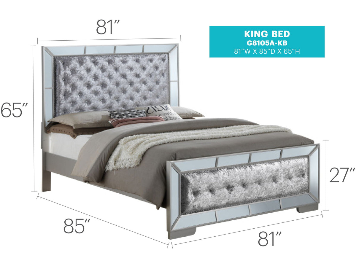 Contemporary Panel Bed with Mirrored Accents - Beige or Pearl Silver