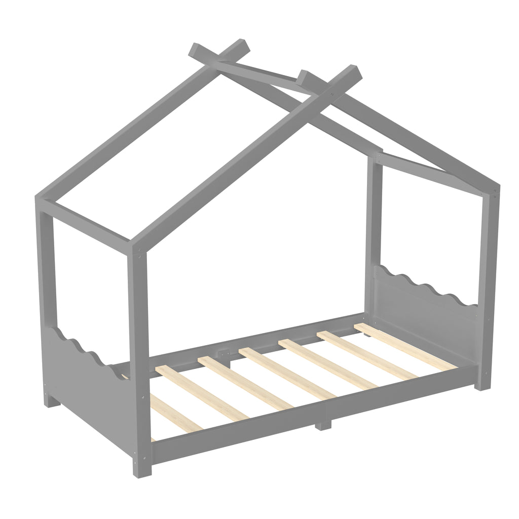 Twin House Floor Bed with Support Slats - Solid Wood, White