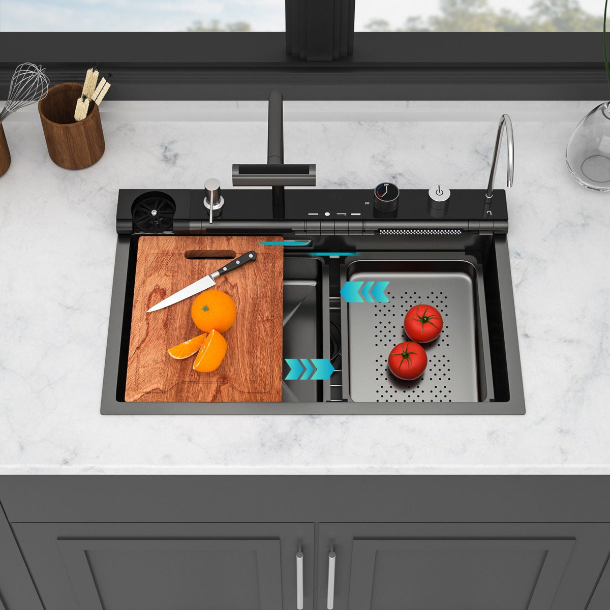 30" Single Bowl Kitchen Sink with Smart LED Faucet - Black or Gray