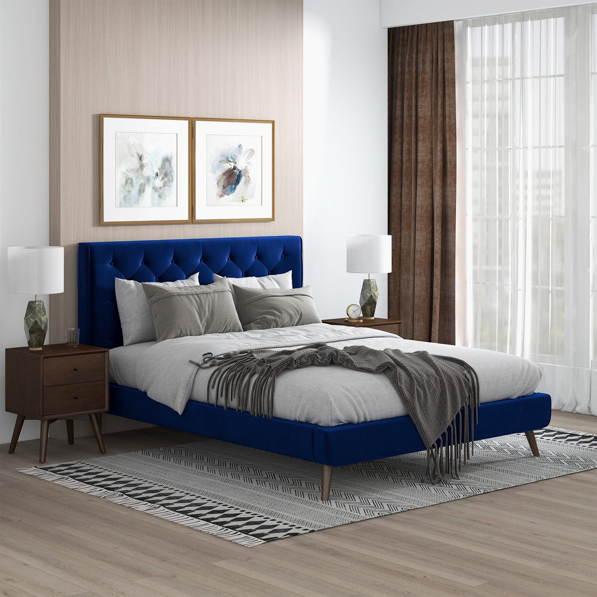 Mid-Century Platform Bed with Tufted Headboard - Blue