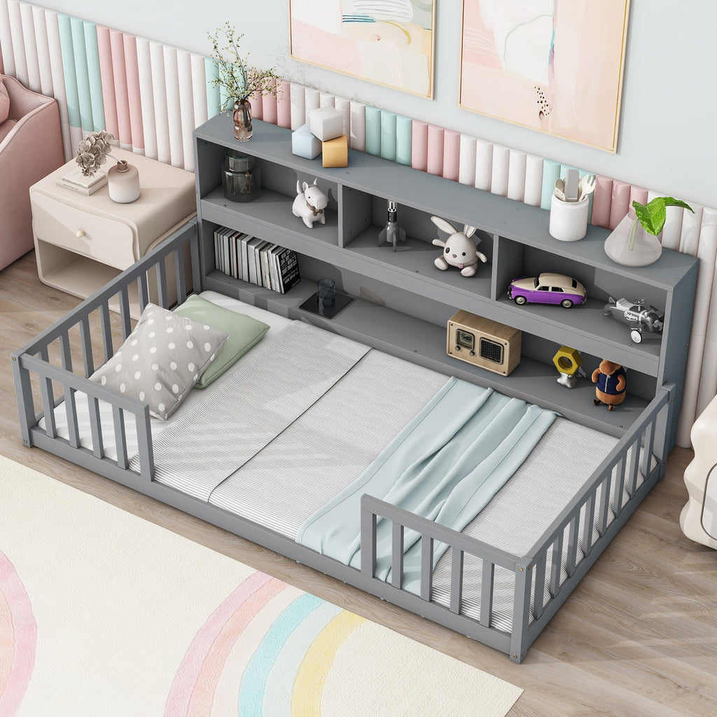 Twin Storage Bed with Bedside Bookcase and Guardrails - Gray or White