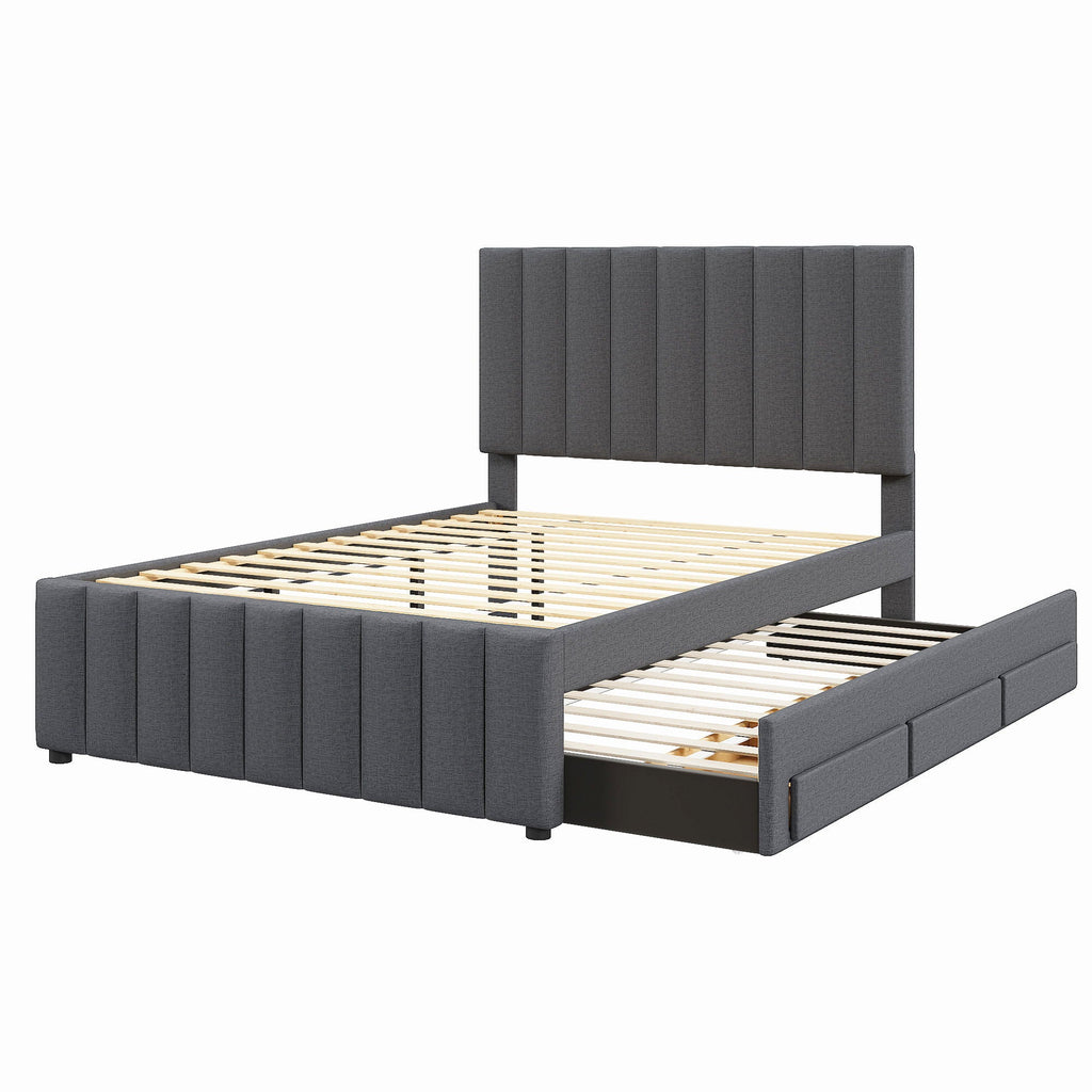 Upholstered Platform Bed with Twin Size Trundle and 3 Drawers - Beige, Full