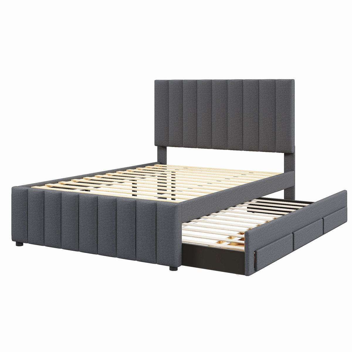 Upholstered Platform Bed with Twin Size Trundle and 3 Drawers - Beige, Full
