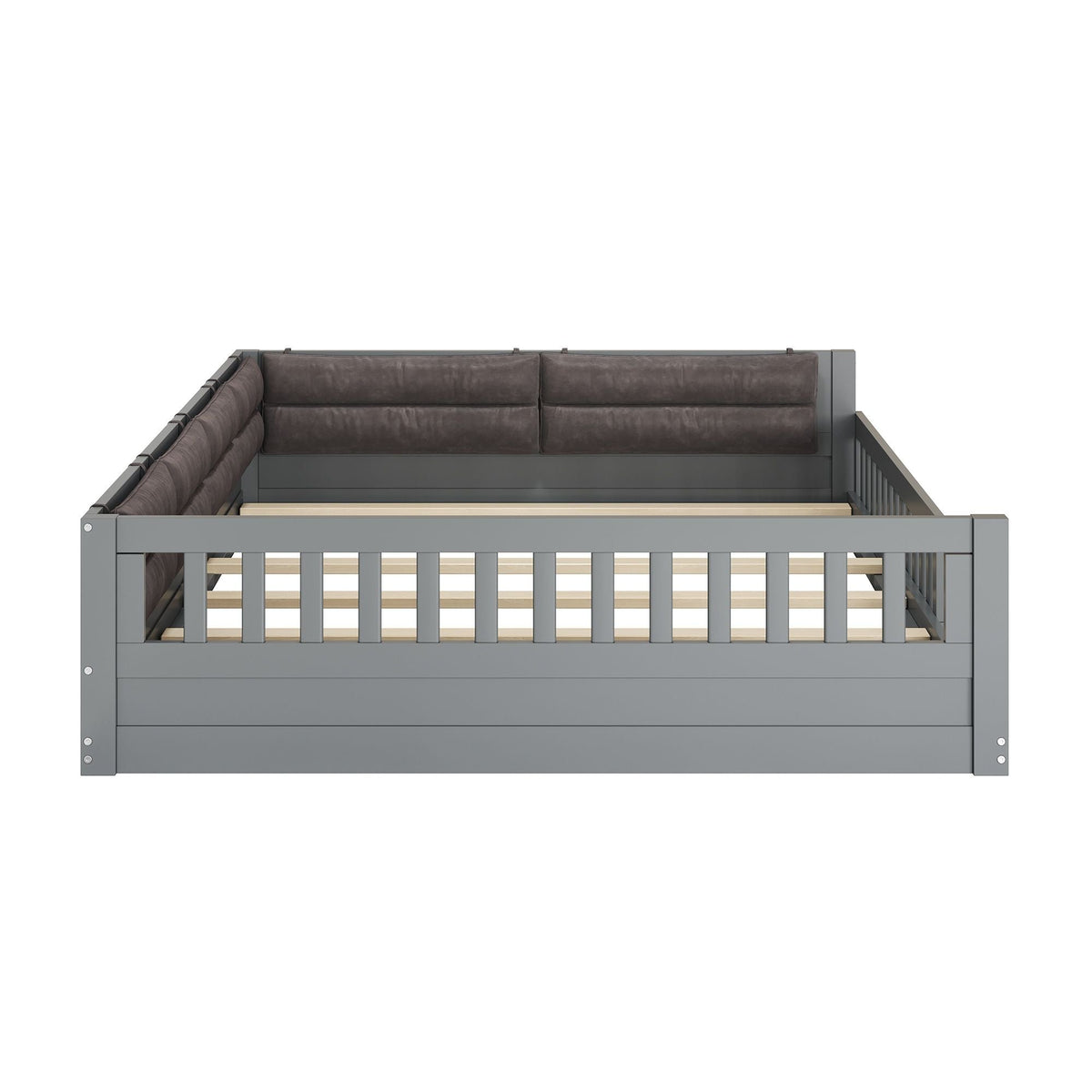 Upholstered Platform Bed with Guardrail and Pillow - Dark Gray
