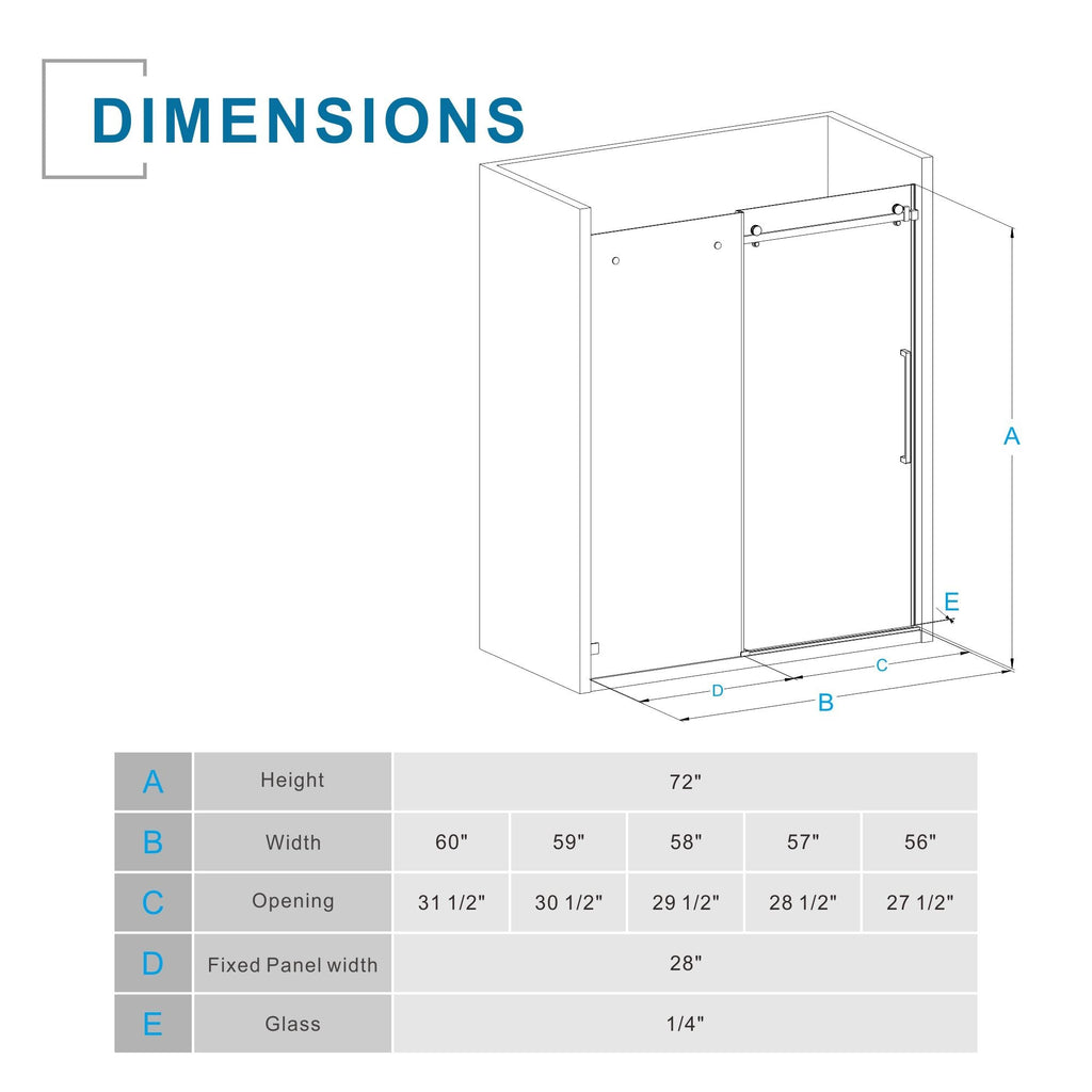 Frameless Tub Sliding Shower Door with Easy Clean Coating - Black or Pearl Silver