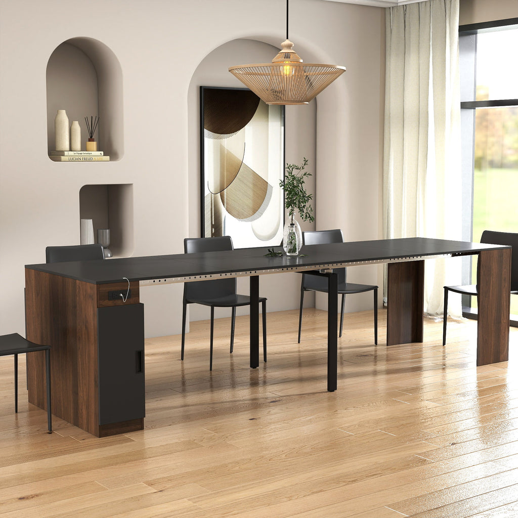 Modern Multifunctional Extendable Dining Table with Outlet - Walnut+Black or White