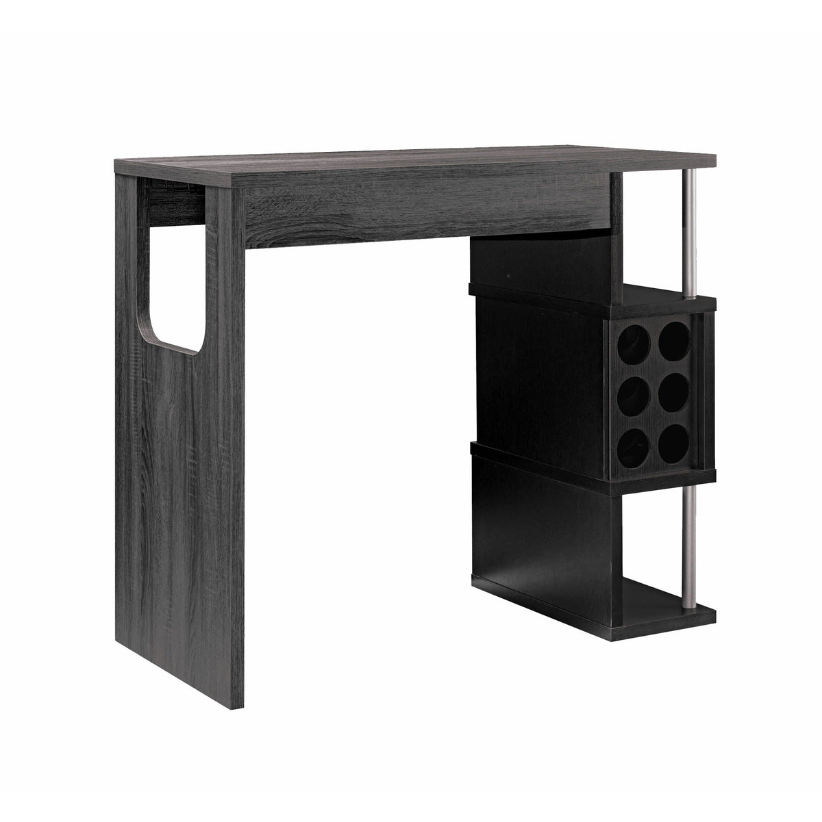 Distressed Gray/Black Home Bar Table with Wine Glass Compartment and Three Shelves