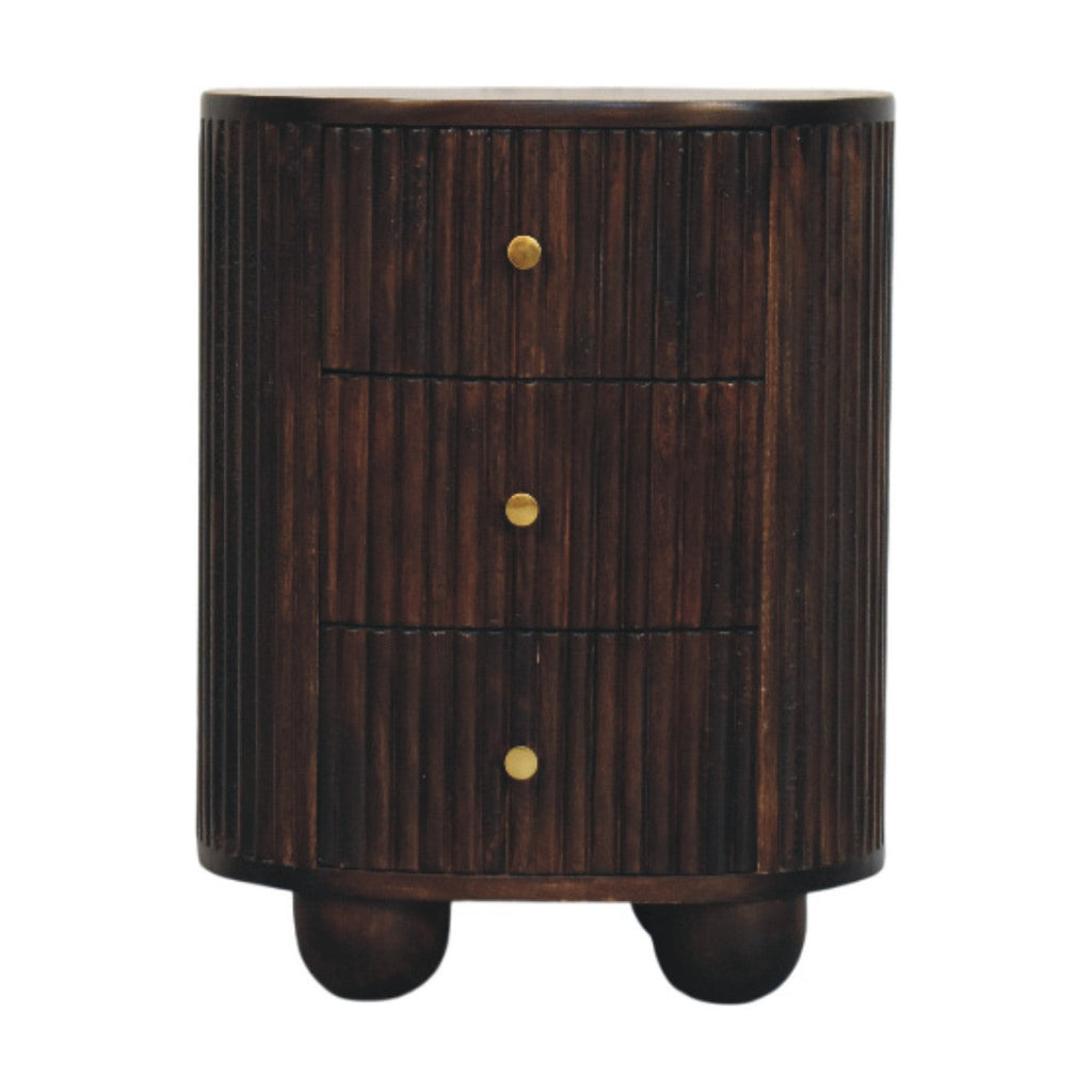 Solid Wood Curved Fluted 3-Drawer Drum Chest with Velvet Mocha Finish