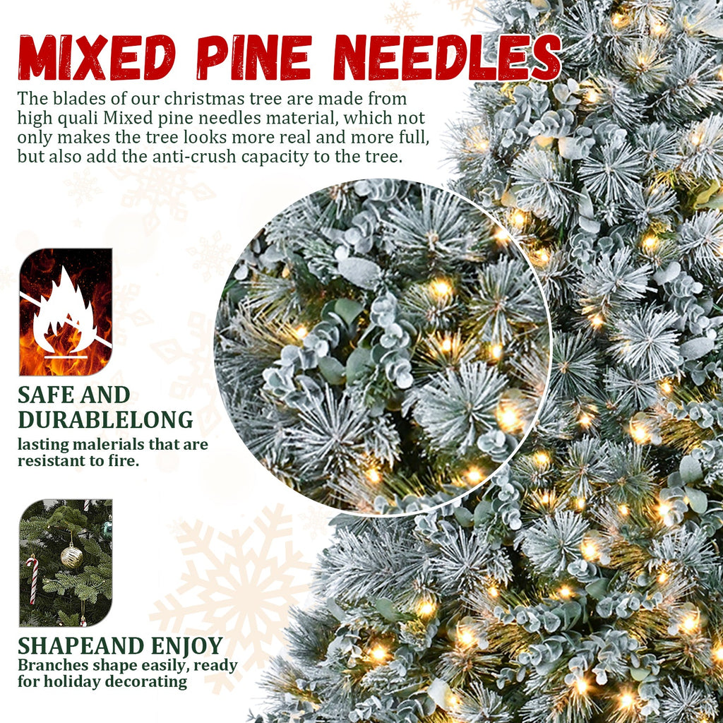 4FT Prelit Flocked Christmas Tree with Pine Needles & Eucalyptus Leaves - Flocked