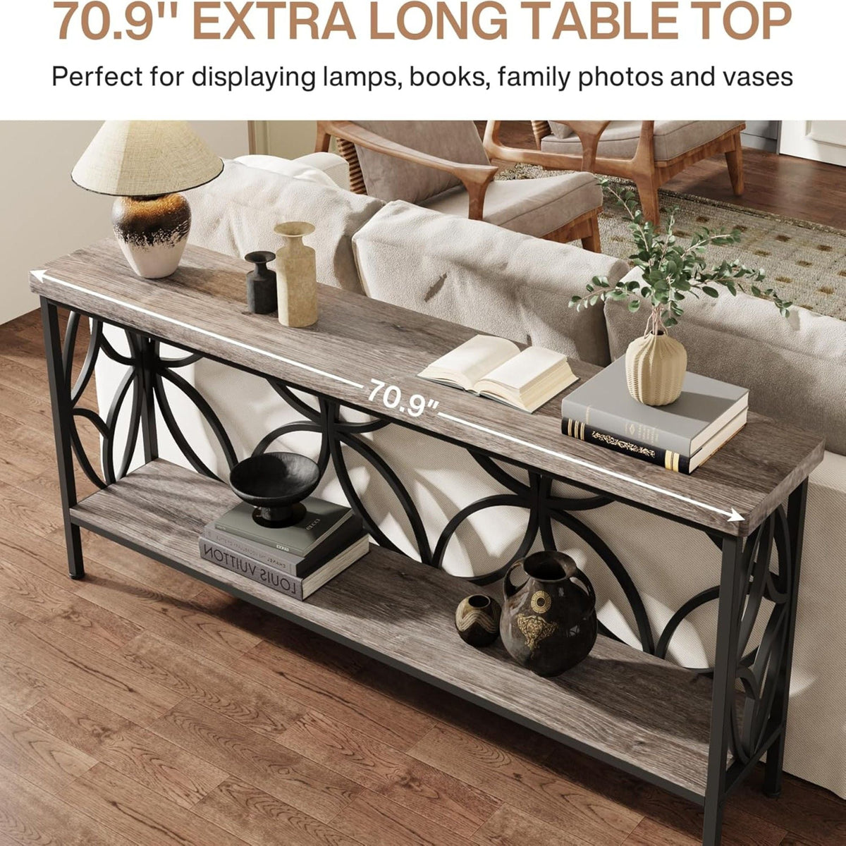 Extra Long Console Table with Open Storage Shelves - Dark Gray or Dark Brown