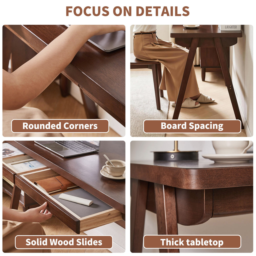 Solid Rubber Wood Computer Desk with Retro Design - Natural Wood