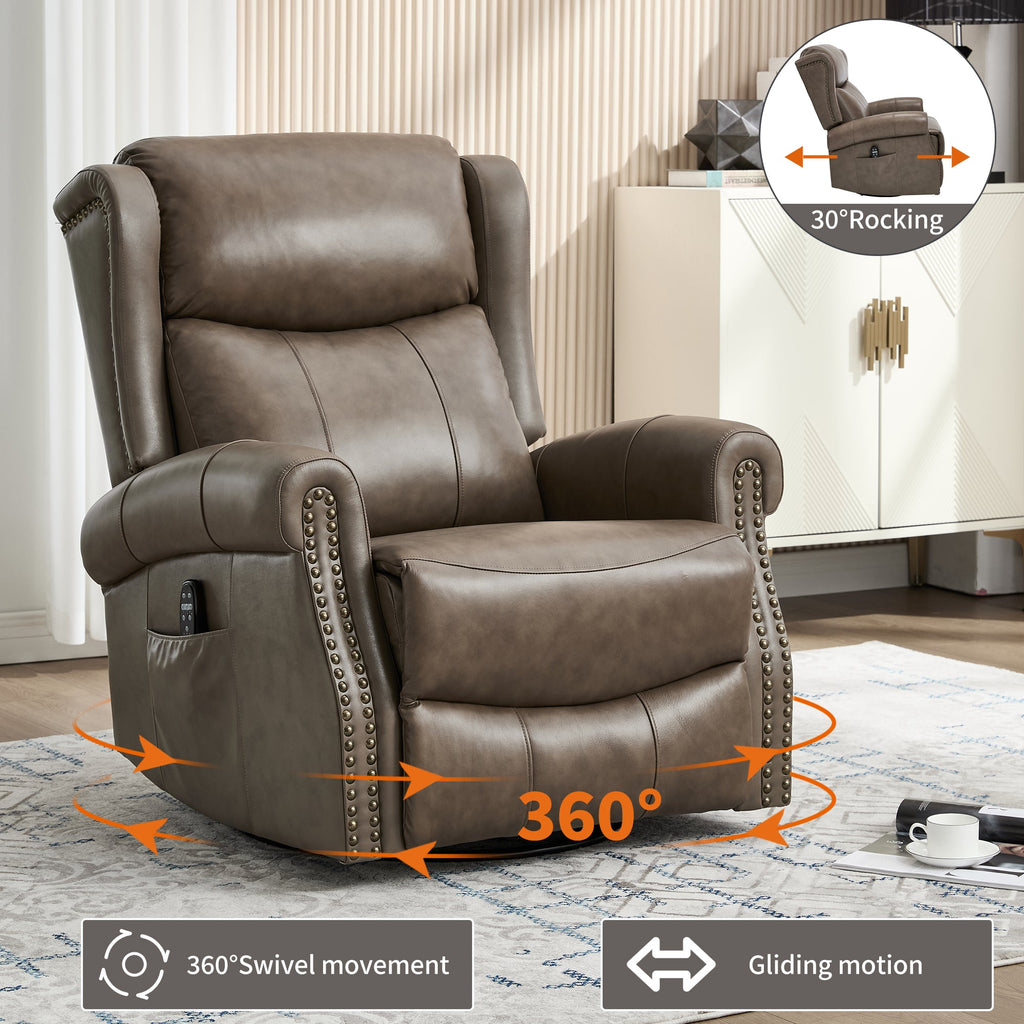 Genuine Leather Heat Massage Manual Recliner Chair with Swivel - Brown+Gray, Blue, Yellow, Red