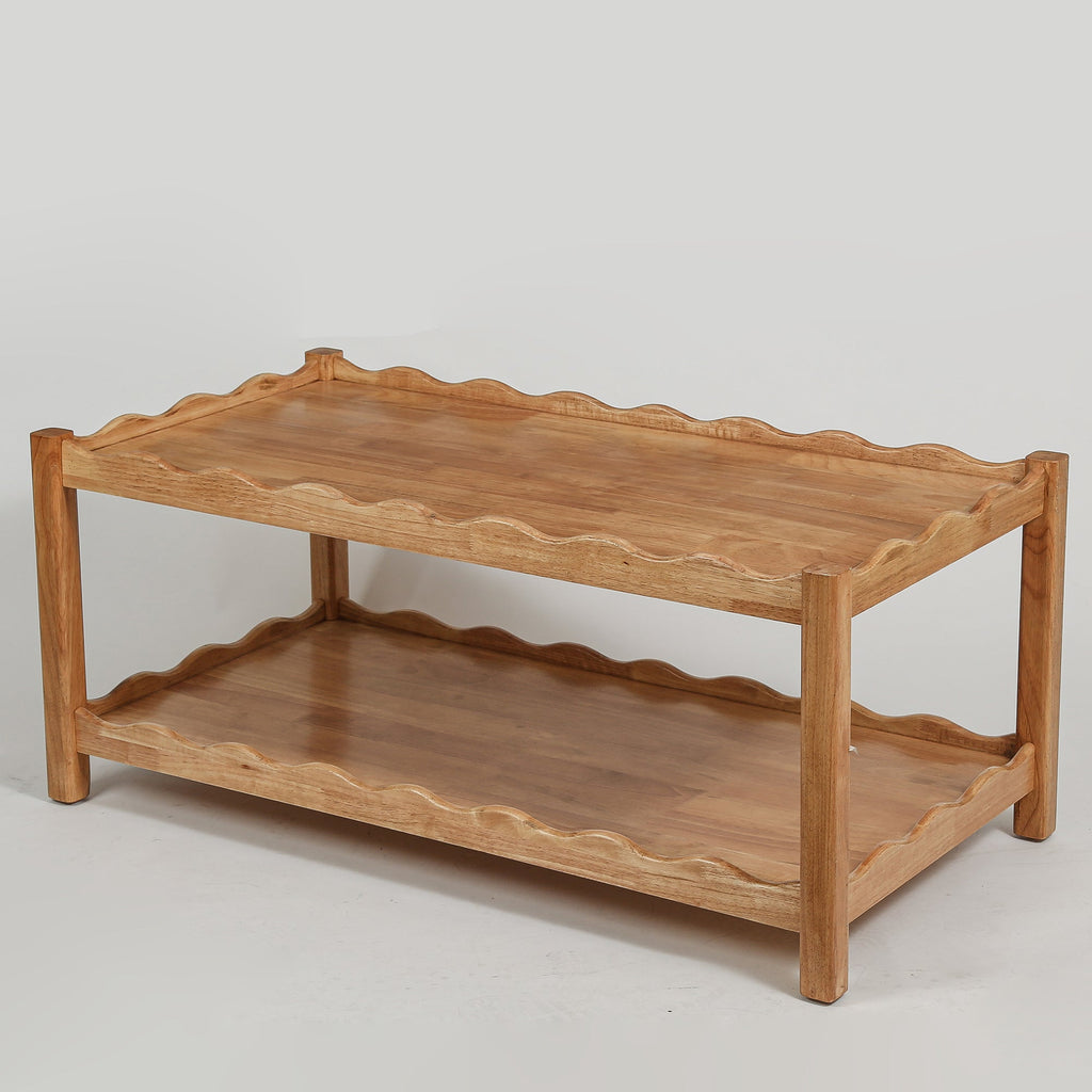 Modern 2 Tier Coffee Table with Open Shelf - Solid Rubberwood