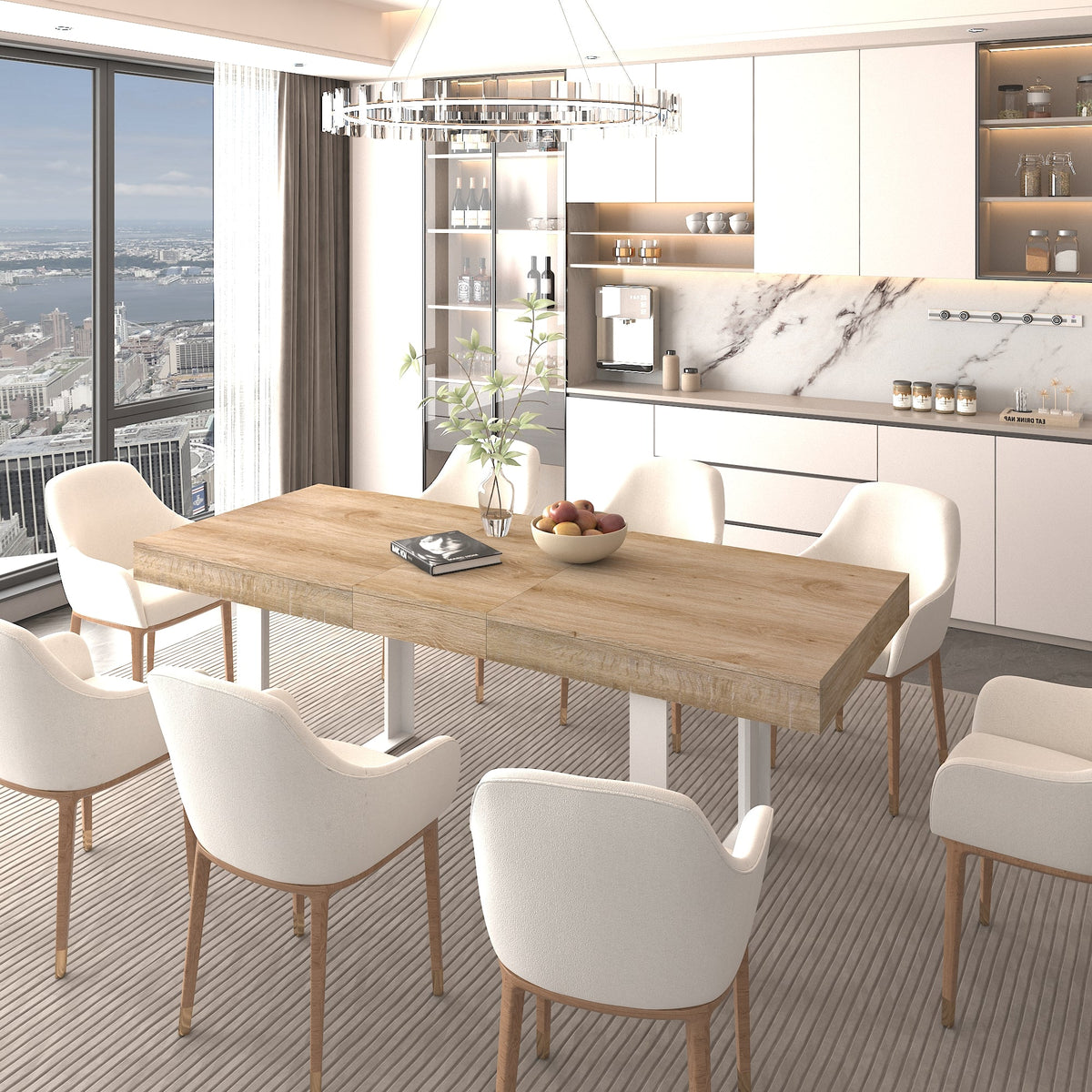 Extendable Dining Room Table with Retractable Design - Oak Grain/White