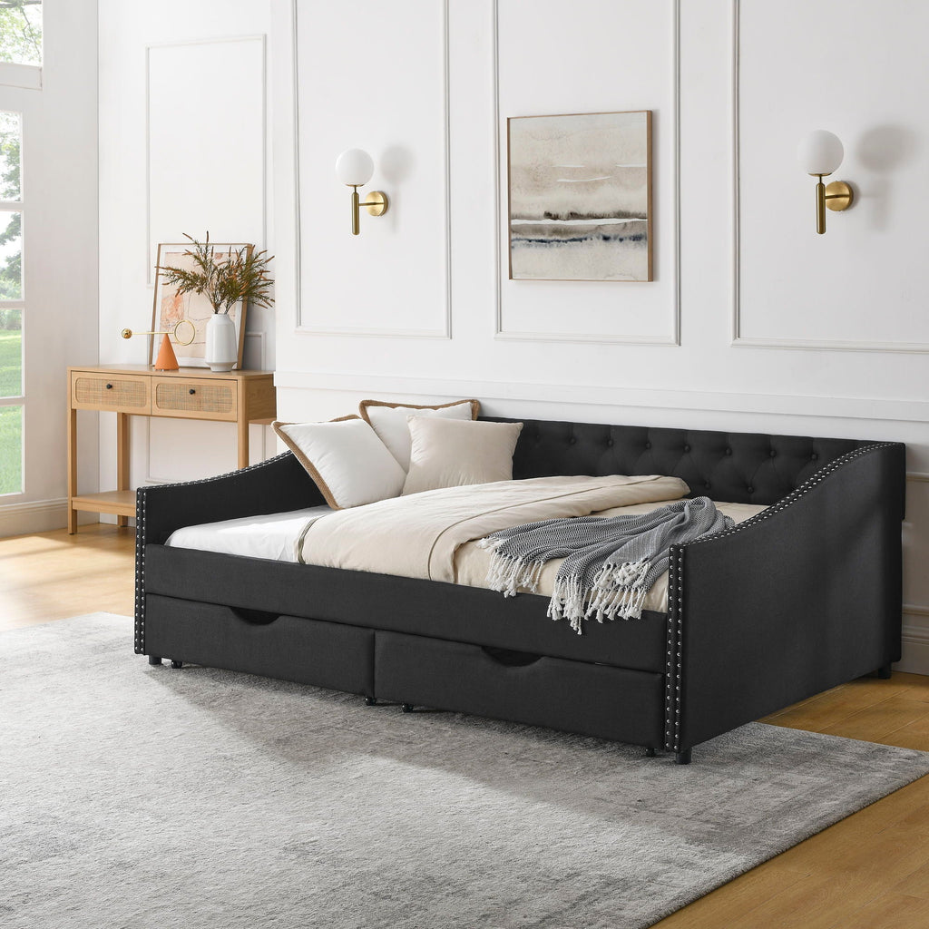 Upholstered Tufted Daybed with 2 Drawers and Waved Arms - Multiple Colors