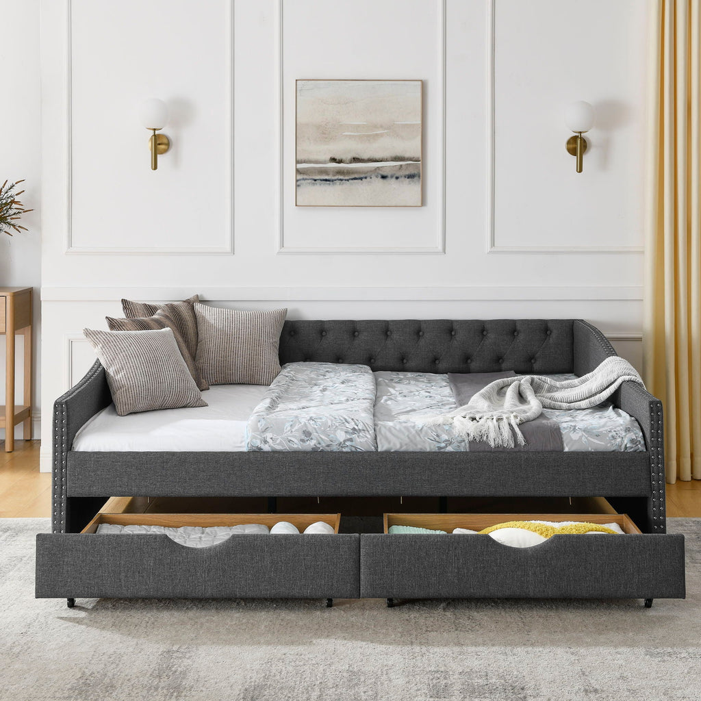 Upholstered Tufted Daybed with 2 Drawers and Waved Arms - Multiple Colors