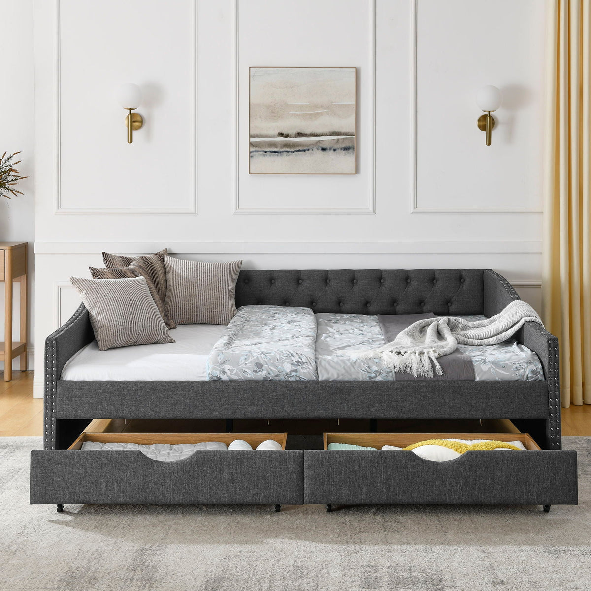 Upholstered Tufted Daybed with 2 Drawers and Waved Arms - Multiple Colors