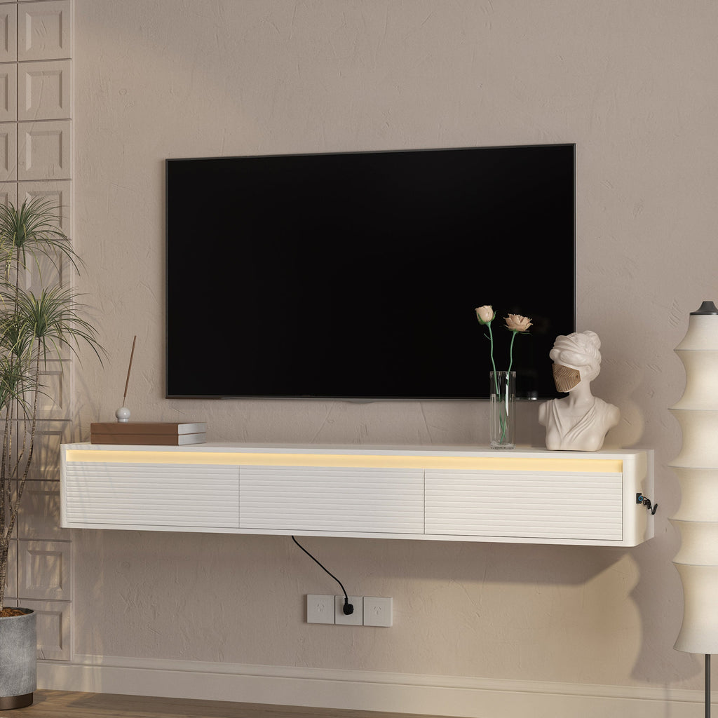 Floating TV Stand with LED Lights & Power Outlet - White or Black