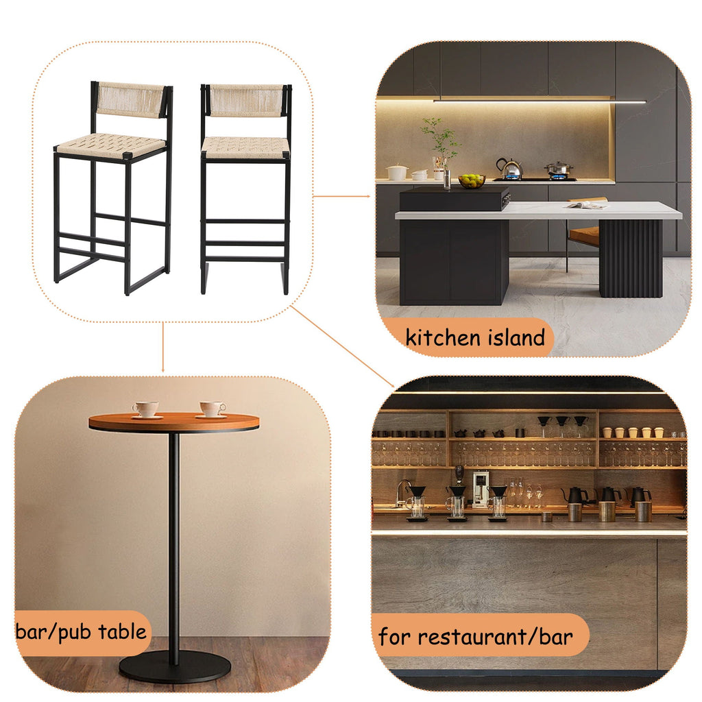 Creamy White Woven Bar Stools with Backrest - Paper Rope Seats