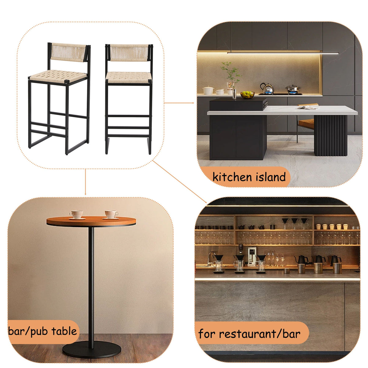 Creamy White Woven Bar Stools with Backrest - Paper Rope Seats