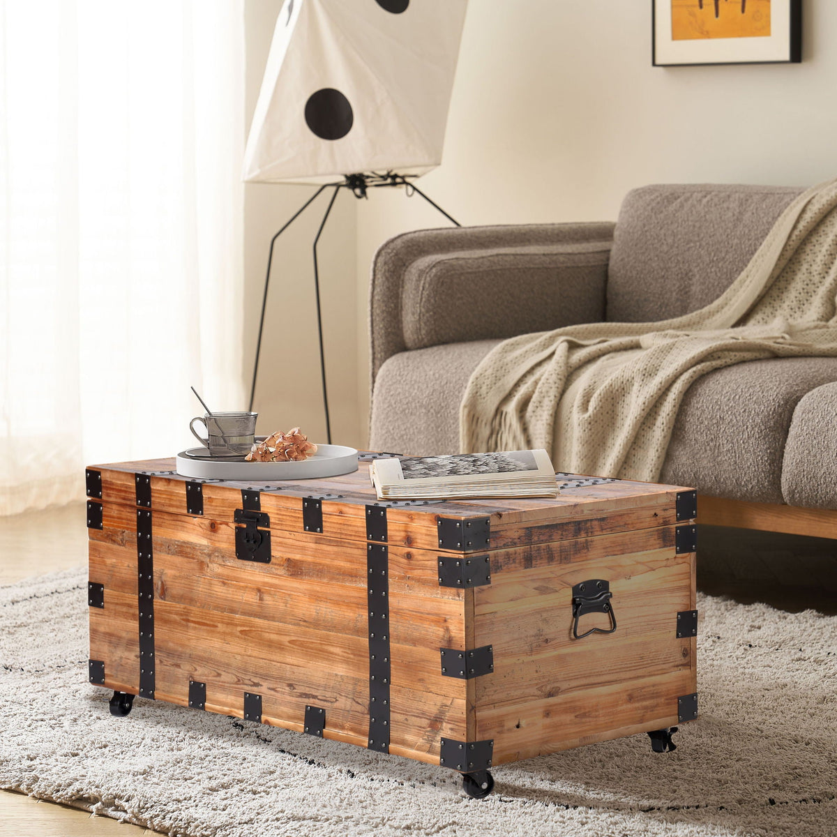 Trunk Table with Four Wheel Large Capacity Storage Coffee Table - Natural / Black