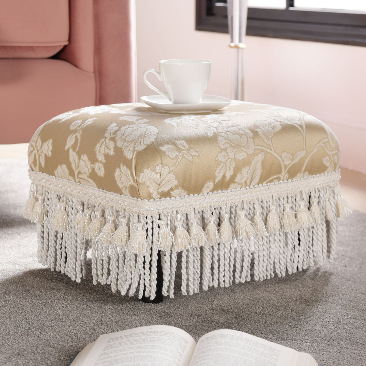 Handcrafted Accent Footstool Ottoman with Solid Wood Frame - Beige or Pearl Silver
