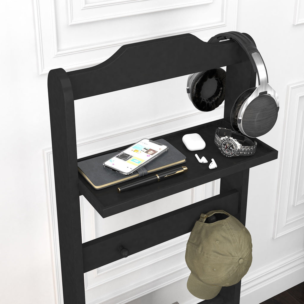 Black Garment Valet Stand with Storage Organizer - Portable Clothes Rack