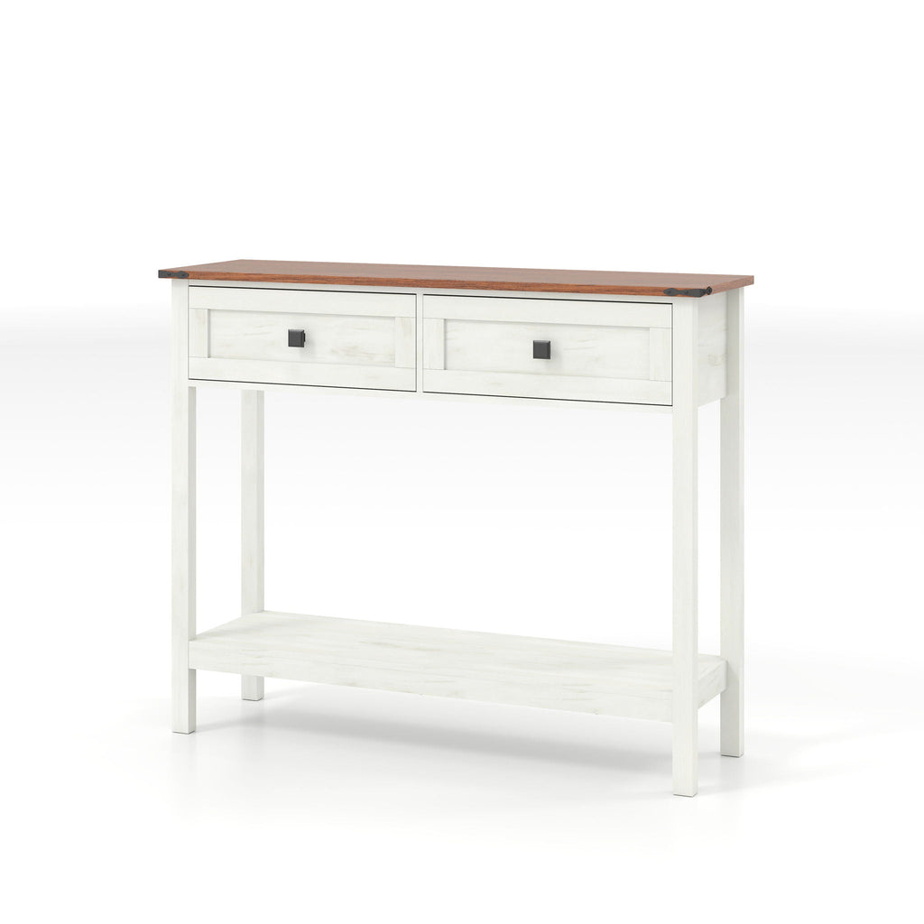 Farmhouse Style Console Table With 2 Drawers And Bottom Storage Shelf