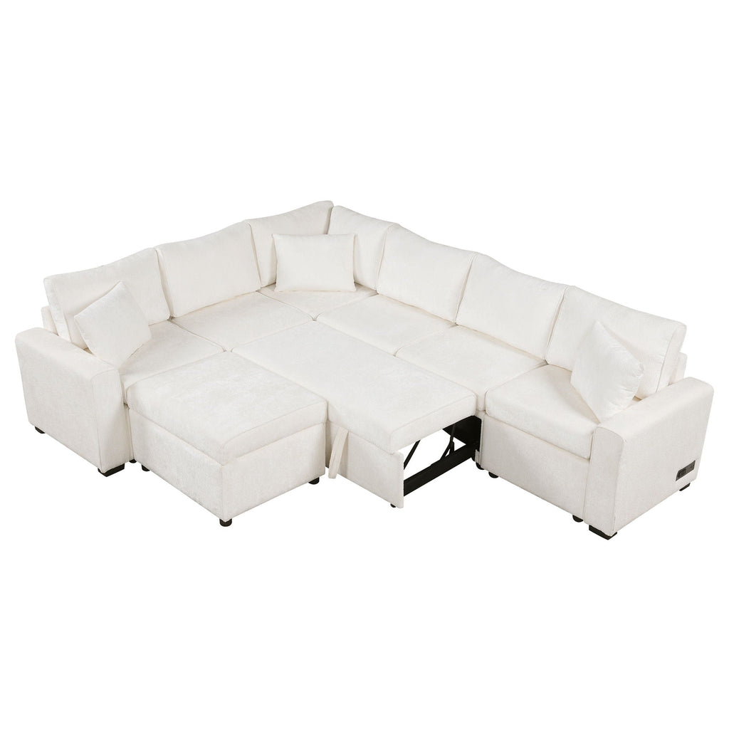Sleeper Sectional Sofa with Storage Ottoman and USB Charging - White or Dark Gray