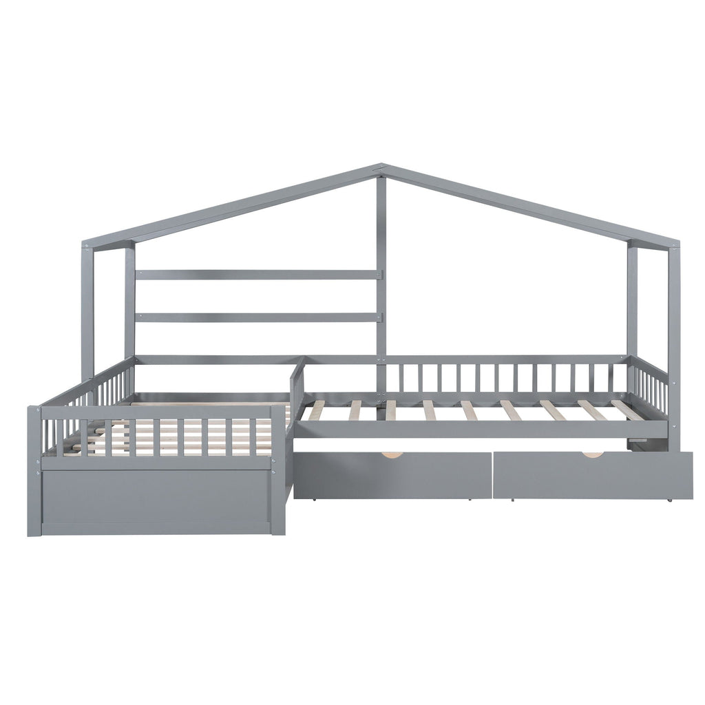 L Shape Twin Platform Bed with 3 Storage Drawers - Dark Gray or White