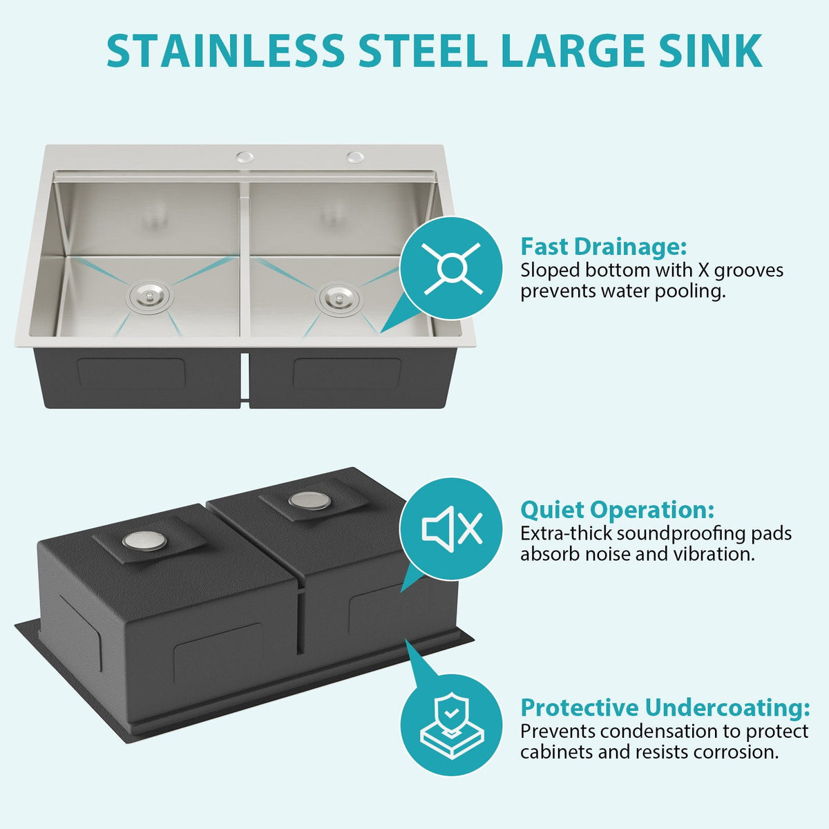 Double Bowl Stainless Steel Kitchen Sink with Workstation Ledges - Brushed Nickel