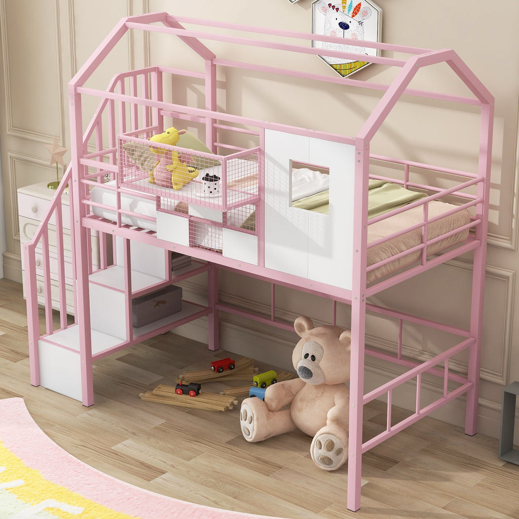 Metal Loft Bed With Roof Design and Storage Box with Guardrails and Integrated Ladder - Twin