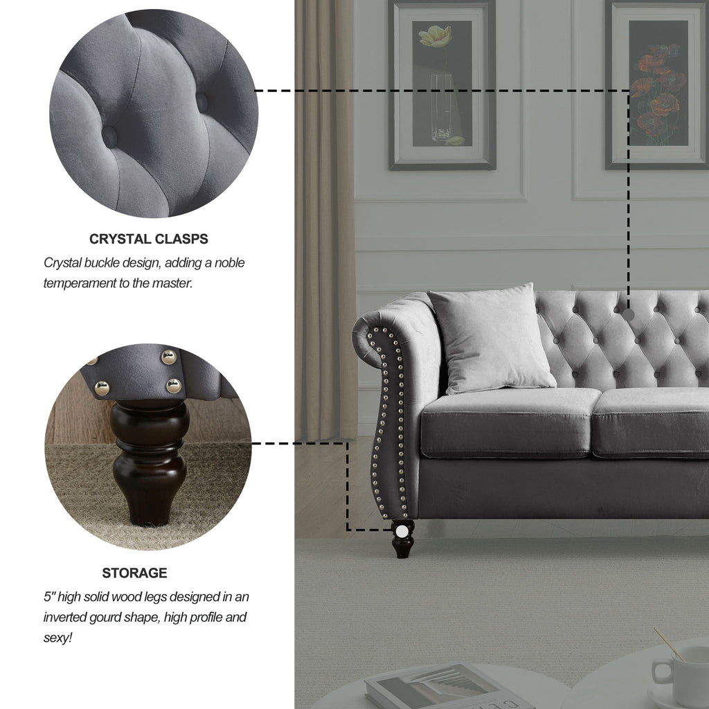 Chesterfield Sofa with Rolled Arms and Nailhead Trim – Solid Wood Frame