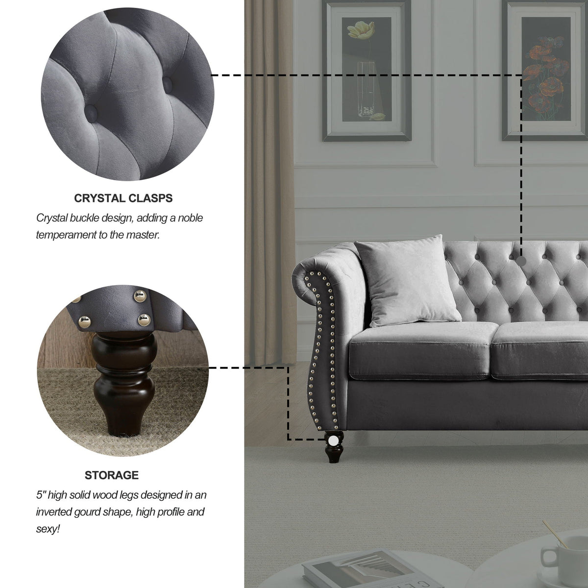 Chesterfield Sofa with Rolled Arms and Nailhead Trim – Solid Wood Frame