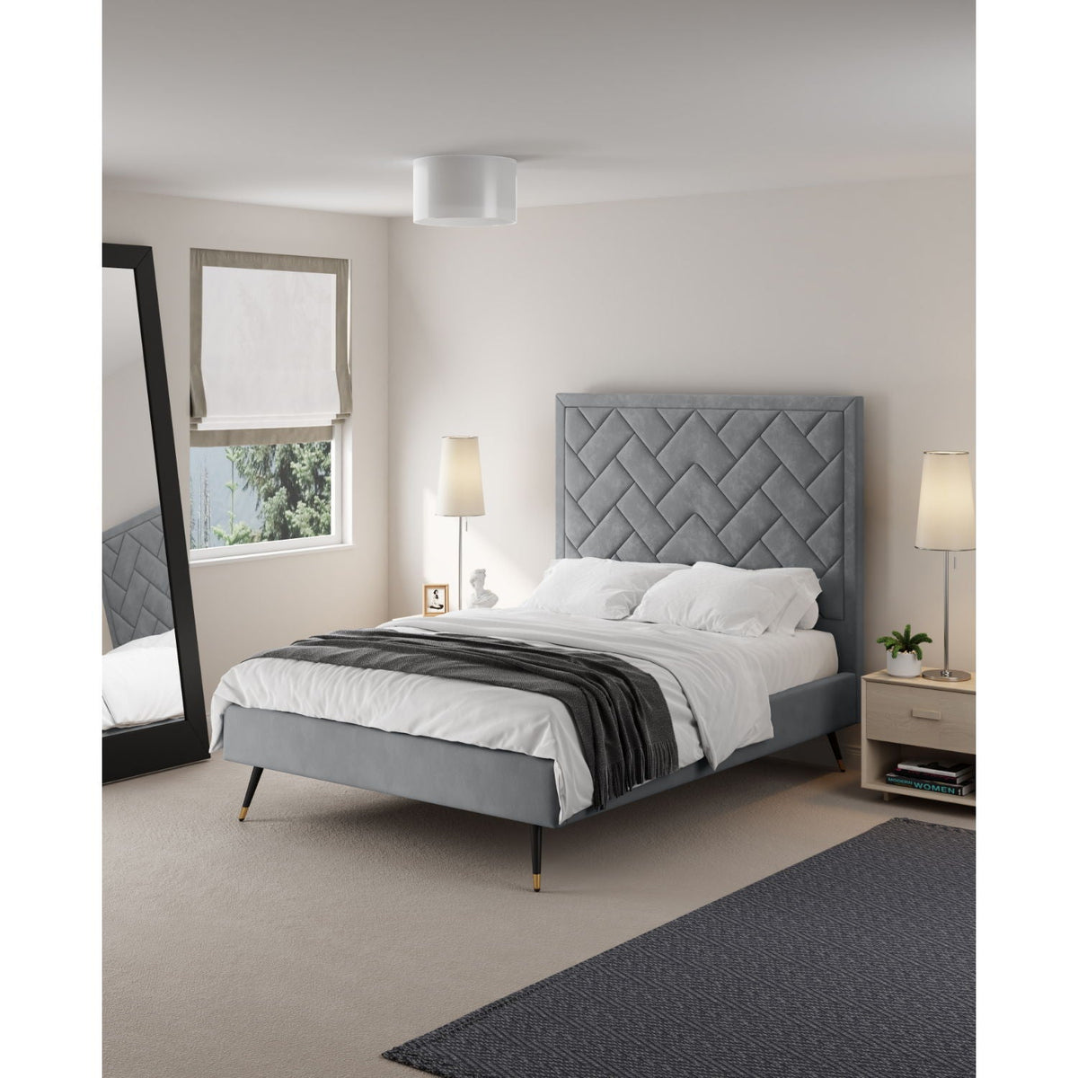 Upholstered Bed with Headboard and Slats - Multiple Colors