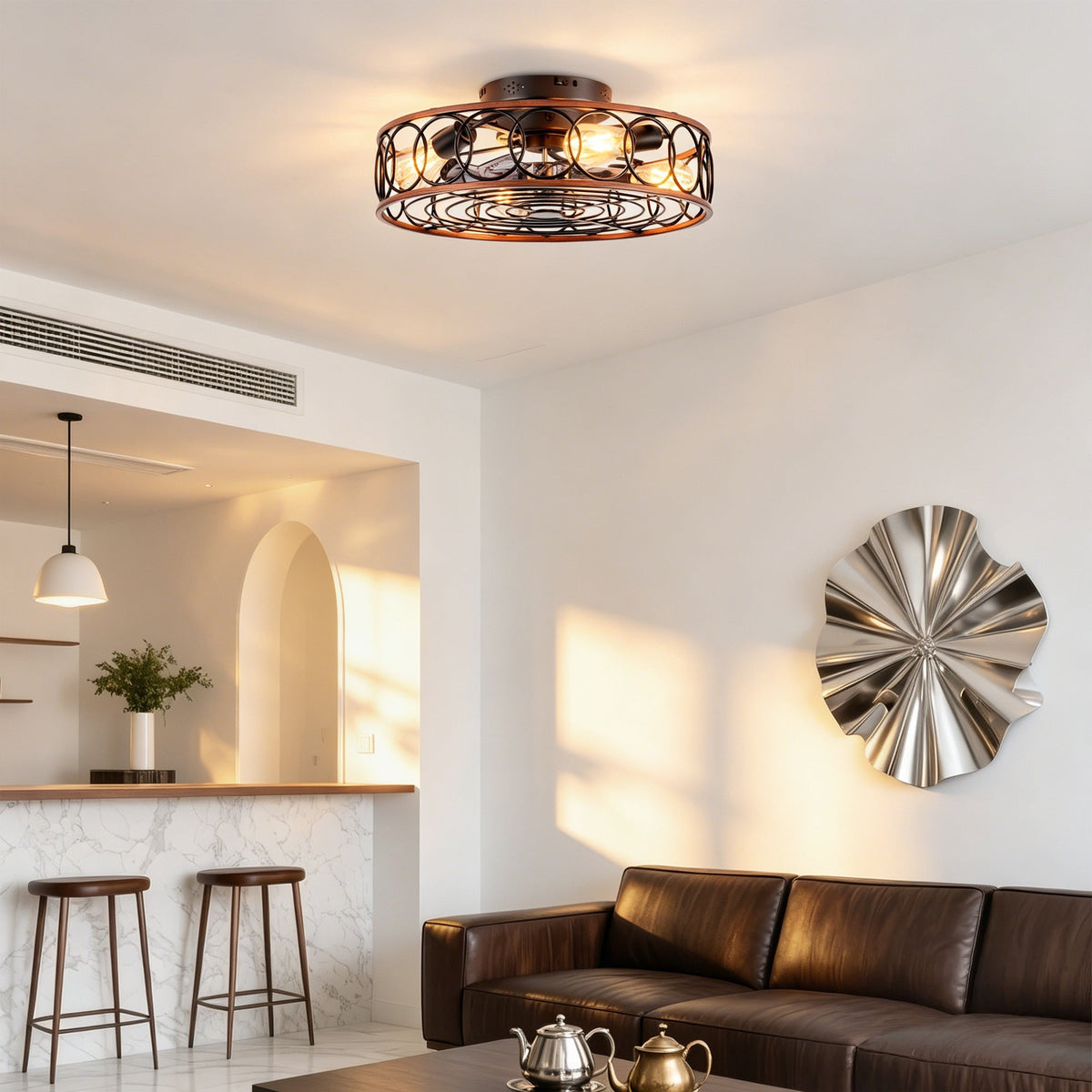 20 Inch Caged Ceiling Fan with Lights and Remote Control - Matte Black