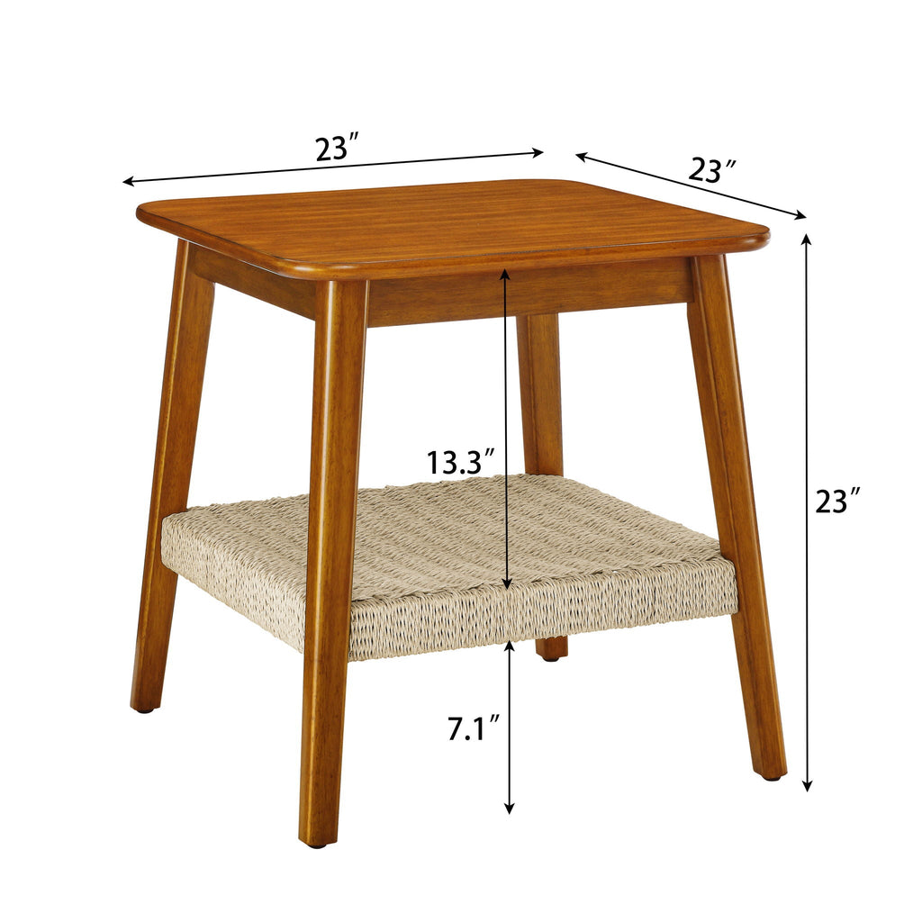 Mid-Century Square Side Table with Woven Shelf - Walnut