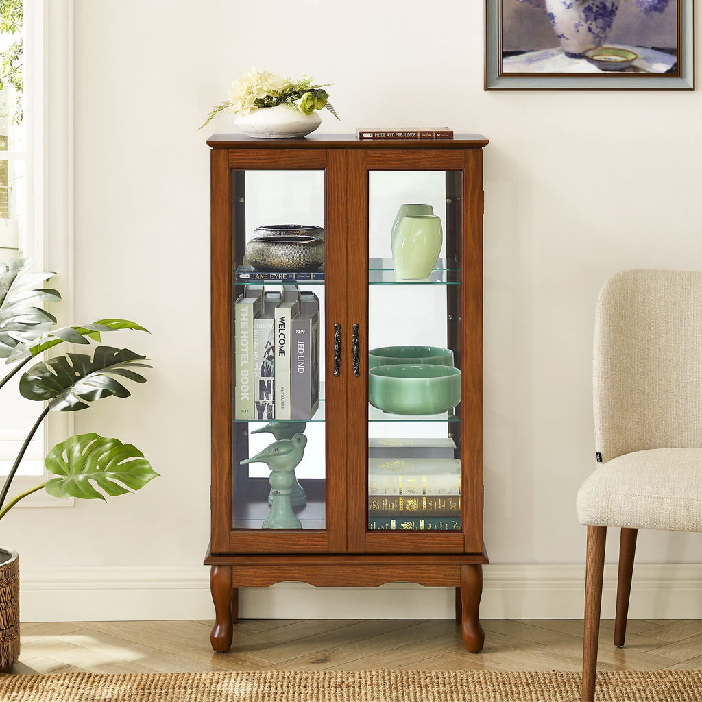Lighted Curio Display Cabinet with Adjustable Shelves - Light Brown, Dark Brown, Dark Red